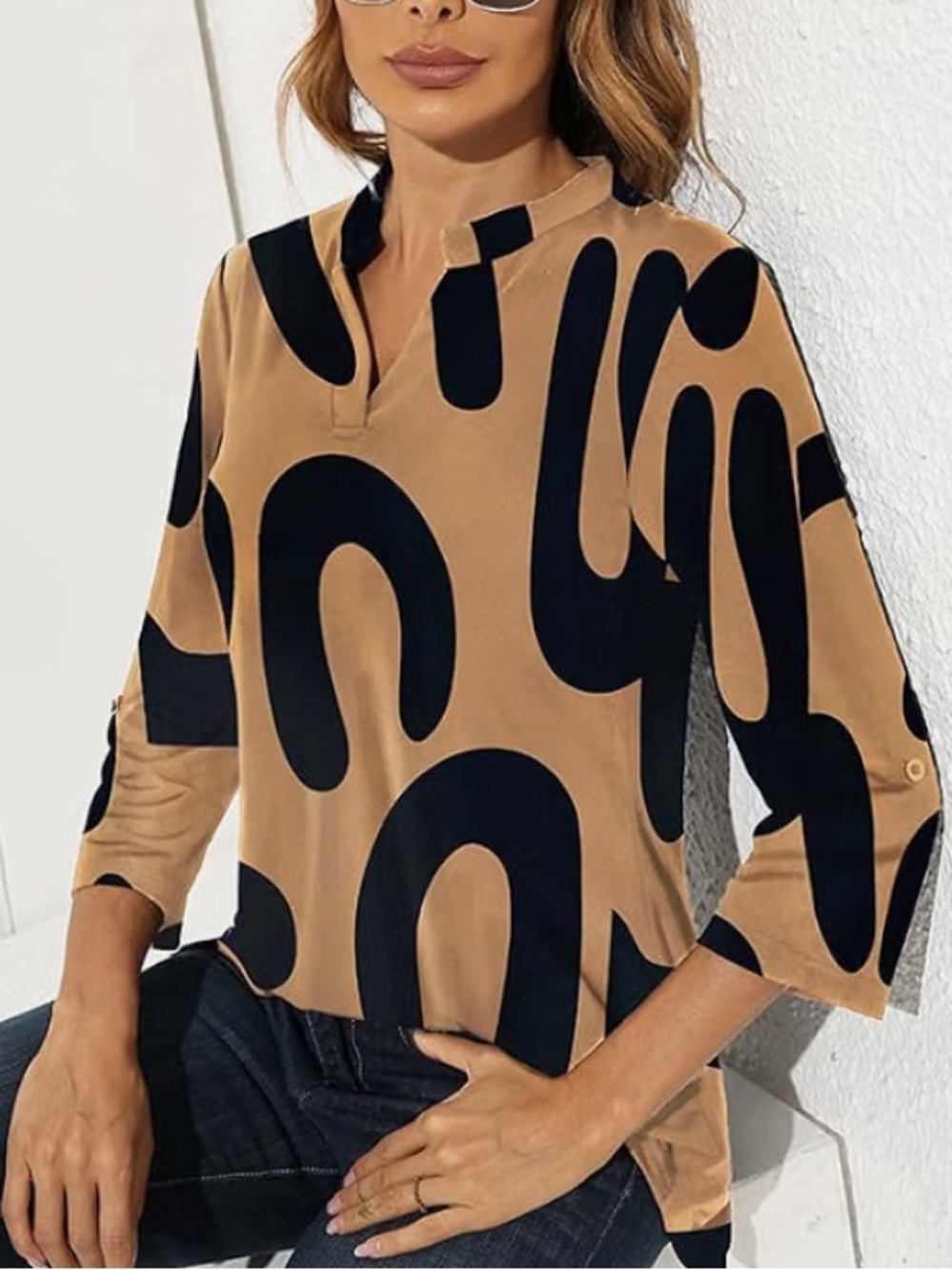 Chic Nation Tan Tunic with Black Abstract Motif
